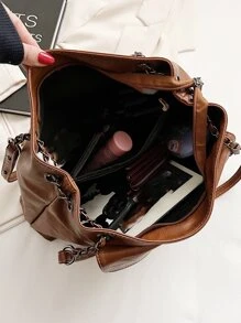 Bolso tote de hombro con bolsillo delantero - Marrón - Ver 4