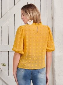 SHEIN LUNE 圓點褶邊泡泡袖襯衫 - 芥末黃 - 查看 2