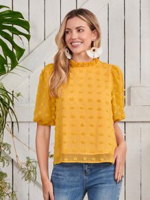 SHEIN LUNE 圓點褶邊泡泡袖襯衫 - 芥末黃 - 查看 3