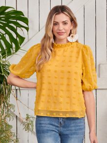 SHEIN LUNE 圓點褶邊泡泡袖襯衫 - 芥末黃 - 查看 6