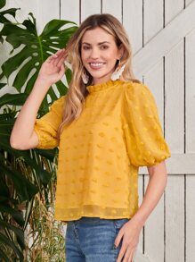 SHEIN LUNE 圓點褶邊泡泡袖襯衫 - 芥末黃 - 查看 5