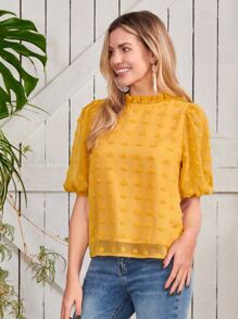 SHEIN LUNE 圓點褶邊泡泡袖襯衫 - 芥末黃 - 查看 8