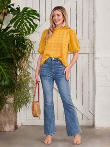 SHEIN LUNE 圓點褶邊泡泡袖襯衫 - 芥末黃 - 查看 4