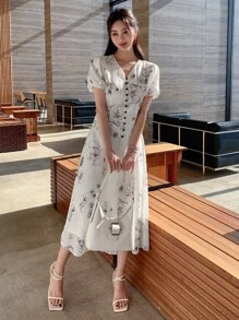 DAZY Floral Print Button Front Puff Sleeve Dress Sundress - White - View 1