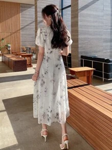 DAZY Floral Print Button Front Puff Sleeve Dress Sundress - White - View 2