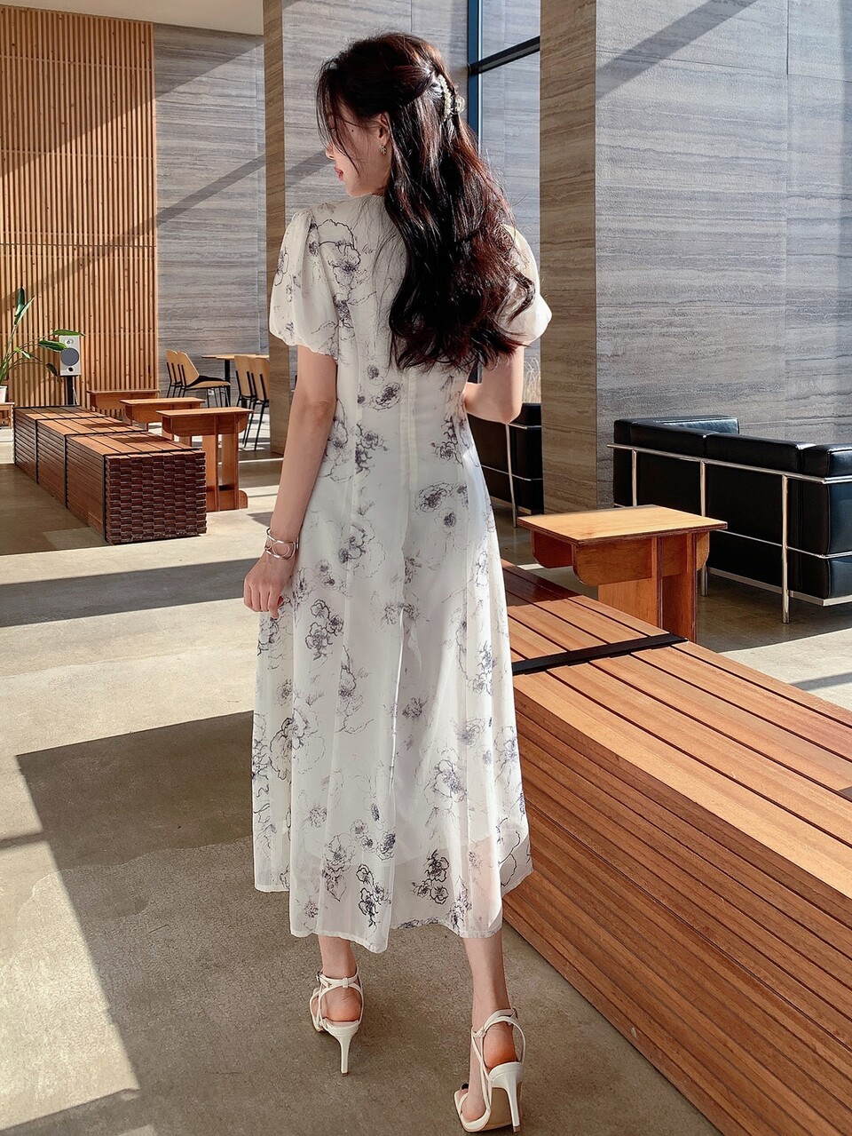 Floral Print Button Front Puff Sleeve Dress Sundress