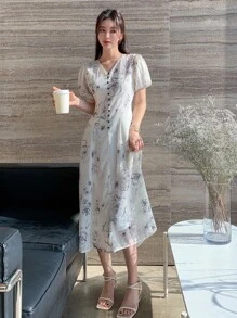 DAZY Floral Print Button Front Puff Sleeve Dress Sundress - White - View 3