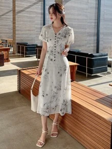 DAZY Floral Print Button Front Puff Sleeve Dress Sundress - White - View 5