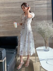 DAZY Floral Print Button Front Puff Sleeve Dress Sundress - White - View 6