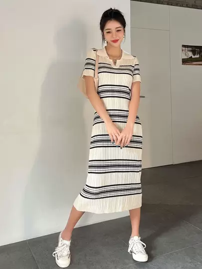DAZY 条纹罗纹针织毛衣连衣裙，秋季服装长款连衣裙