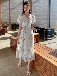 DAZY Floral Print Button Front Puff Sleeve Dress Sundress - White - View 7