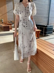 DAZY Floral Print Button Front Puff Sleeve Dress Sundress - White - View 8
