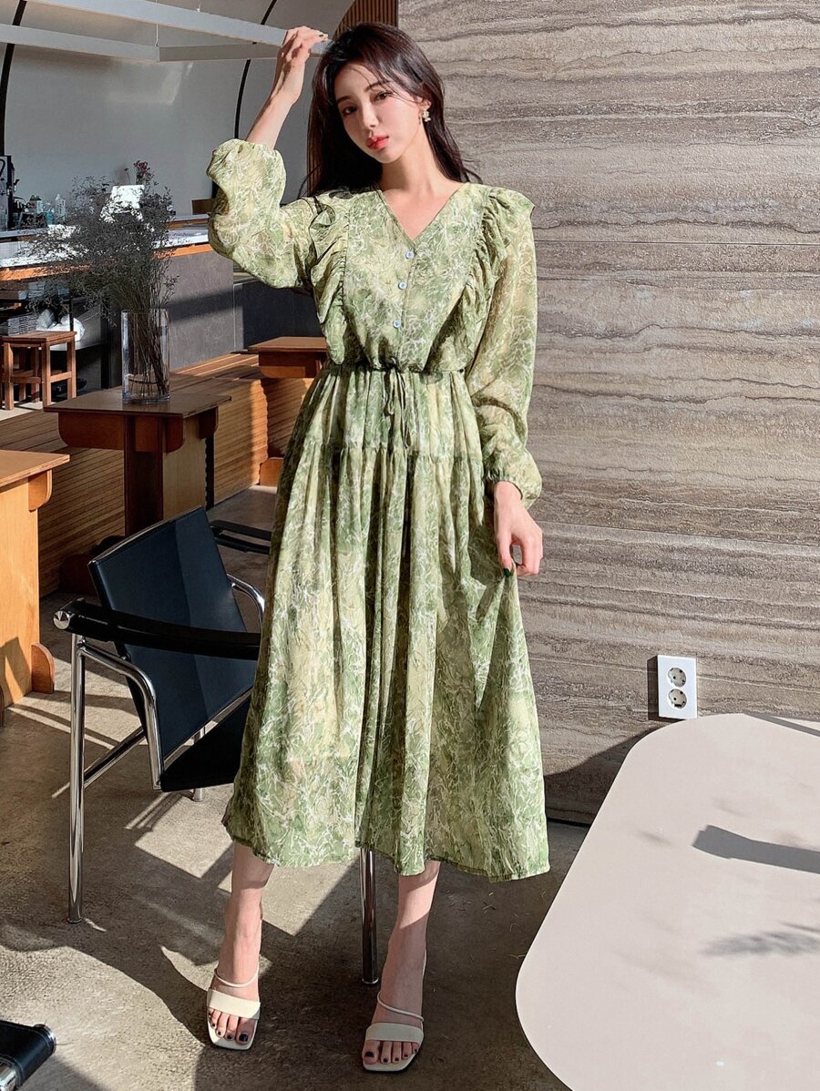 DAZY 滿版印花荷葉邊燈籠袖連衣裙 - 綠色 - 查看 1