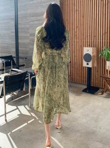 DAZY 滿版印花荷葉邊燈籠袖連衣裙 - 綠色 - 查看 2