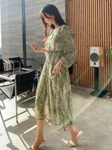 DAZY 滿版印花荷葉邊燈籠袖連衣裙 - 綠色 - 查看 4