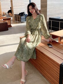 DAZY 滿版印花荷葉邊燈籠袖連衣裙 - 綠色 - 查看 5