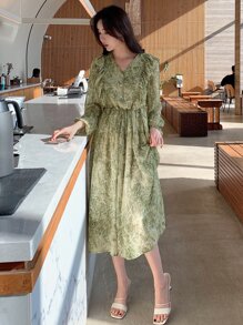 DAZY 滿版印花荷葉邊燈籠袖連衣裙 - 綠色 - 查看 6