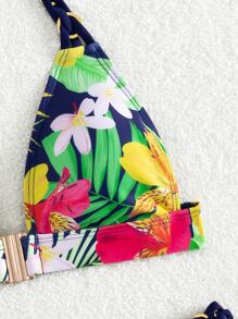 Tropical Print Tied Backless Summer Beach Bikini Set - Multicolor - View 3