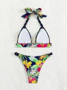 Tropical Print Tied Backless Summer Beach Bikini Set - Multicolor - View 5