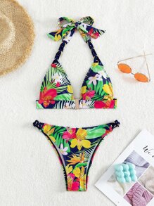 Tropical Print Tied Backless Summer Beach Bikini Set - Multicolor - View 6