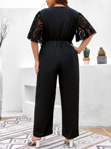 Flirla Plus Contrast Lace Butterfly Sleeve Surplice Neck Jumpsuit - Black - View 2