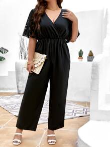 Flirla Plus Contrast Lace Butterfly Sleeve Surplice Neck Jumpsuit - Black - View 3
