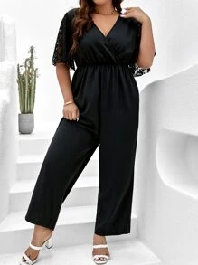 Flirla Plus Contrast Lace Butterfly Sleeve Surplice Neck Jumpsuit - Black - View 6