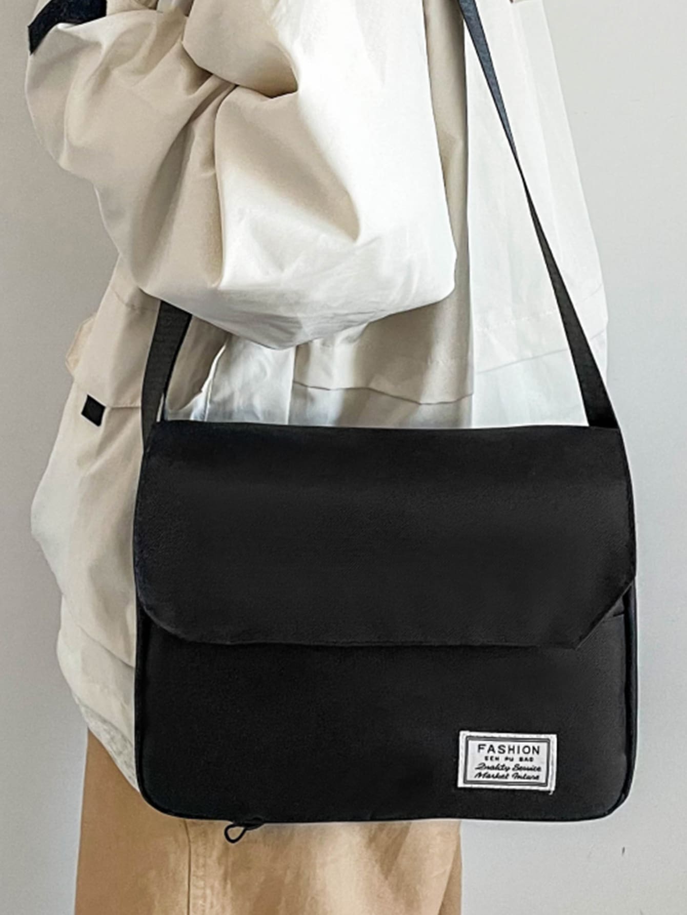 Men Patch Detail Flap Messenger Bag - Black - View 1