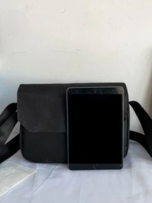 Men Patch Detail Flap Messenger Bag - Black - View 7