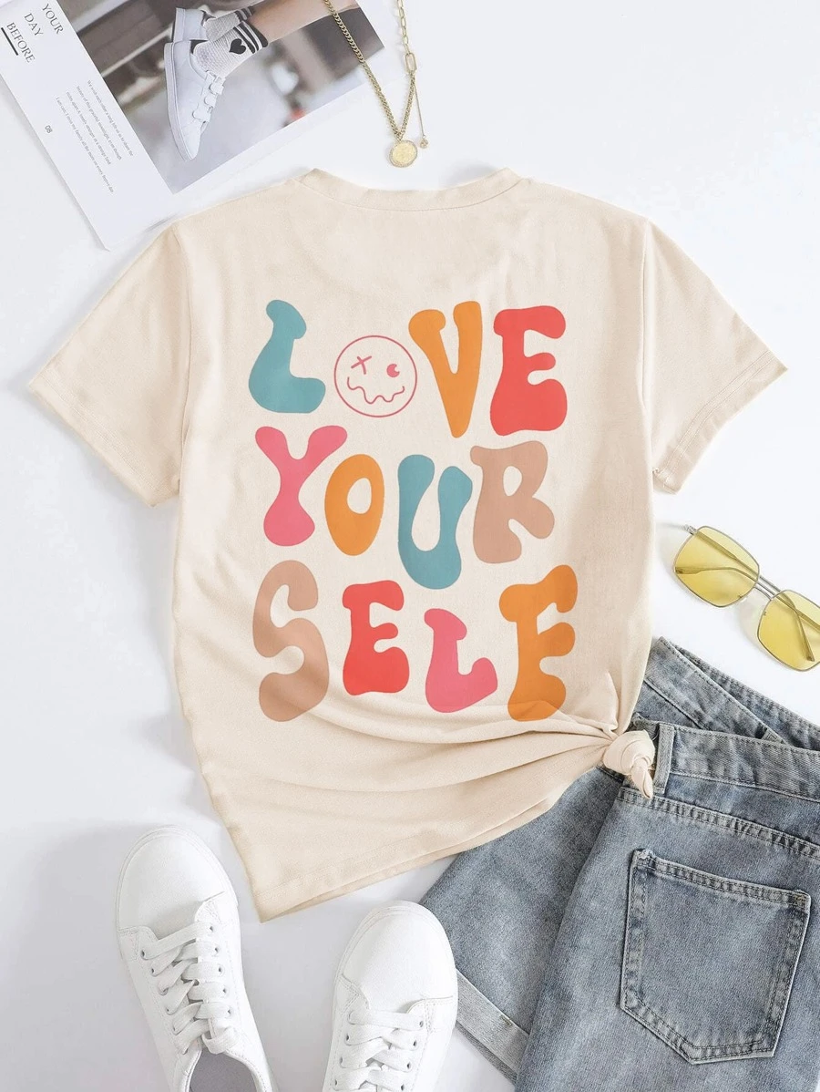 SHEIN Unity 標語圖案圓領T恤 - 杏色 - 查看 1