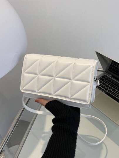 Bolso Bandolera De Solapa Acolchada De Diseño Cuadrado, Mini Bolso De Hombro Ligero Y De Color Sólido Para Mujer. Bolsillo De Una Sola Cremallera Con Diseño De Cuadros Y Correa Ajustable. Perfecto Para Citas Casuales, Colegio Y Trabajo.