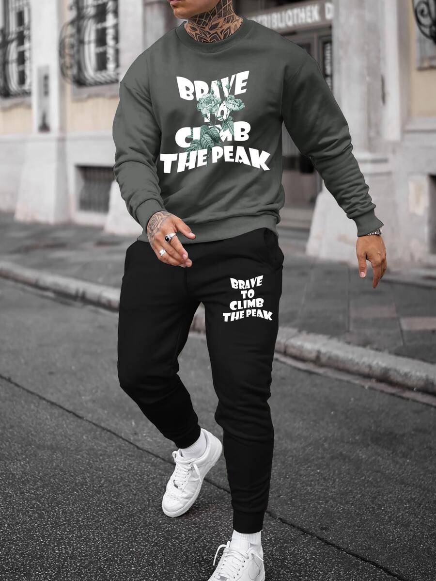 Manfinity Men Slogan Graphic Sweatshirt & Joggers - Multicolor - View 1