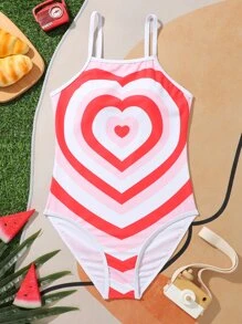 SHEIN Teen Girls Heart Print One Piece Swimsuit - Multicolor - View 3