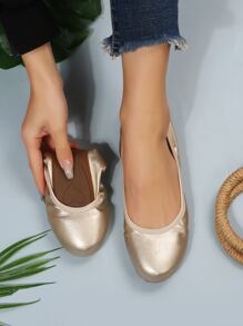 1 par de zapatos planos casuales, ligeros, suaves y cómodos para mujer para otoño/invierno, zapatos planos de moda con estilo slip-on dorado, zapatos planos portátiles - Oro rosa - Ver 3
