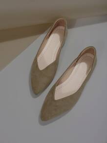 Minimalist Point Toe Faux Suede Ballet Flats - Khaki - View 1