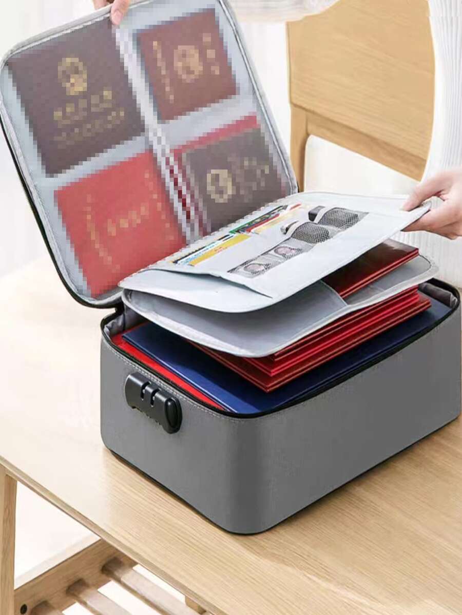 1pc Document Bag With Lock, Flame Resistant 3-Layer File Storage Case With Water-Resistant Zipper, Document Portable Travel Home Organizer Bag For Laptop, Files, Certificates - Grey - View 1