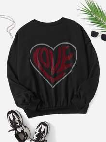 SHEIN EZwear Rhinestone Letter & Heart Print Drop Shoulder Sweatshirt - Black - View 1