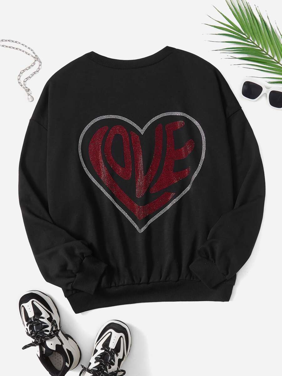 SHEIN EZwear Rhinestone Letter & Heart Print Drop Shoulder Sweatshirt - Black - View 1
