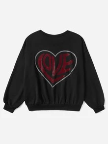 SHEIN EZwear Rhinestone Letter & Heart Print Drop Shoulder Sweatshirt - Black - View 2