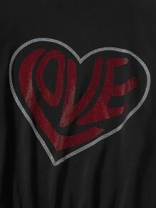 SHEIN EZwear Rhinestone Letter & Heart Print Drop Shoulder Sweatshirt - Black - View 4