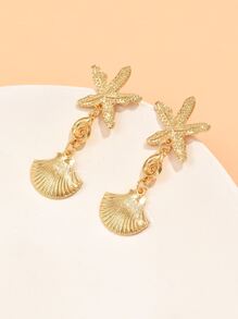 1對時尚鋅合金海星裝飾貝殼耳墜適用於女士日常裝飾 - 金黃色 - 查看 2