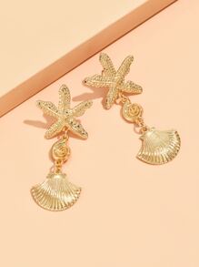 1對時尚鋅合金海星裝飾貝殼耳墜適用於女士日常裝飾 - 金黃色 - 查看 1