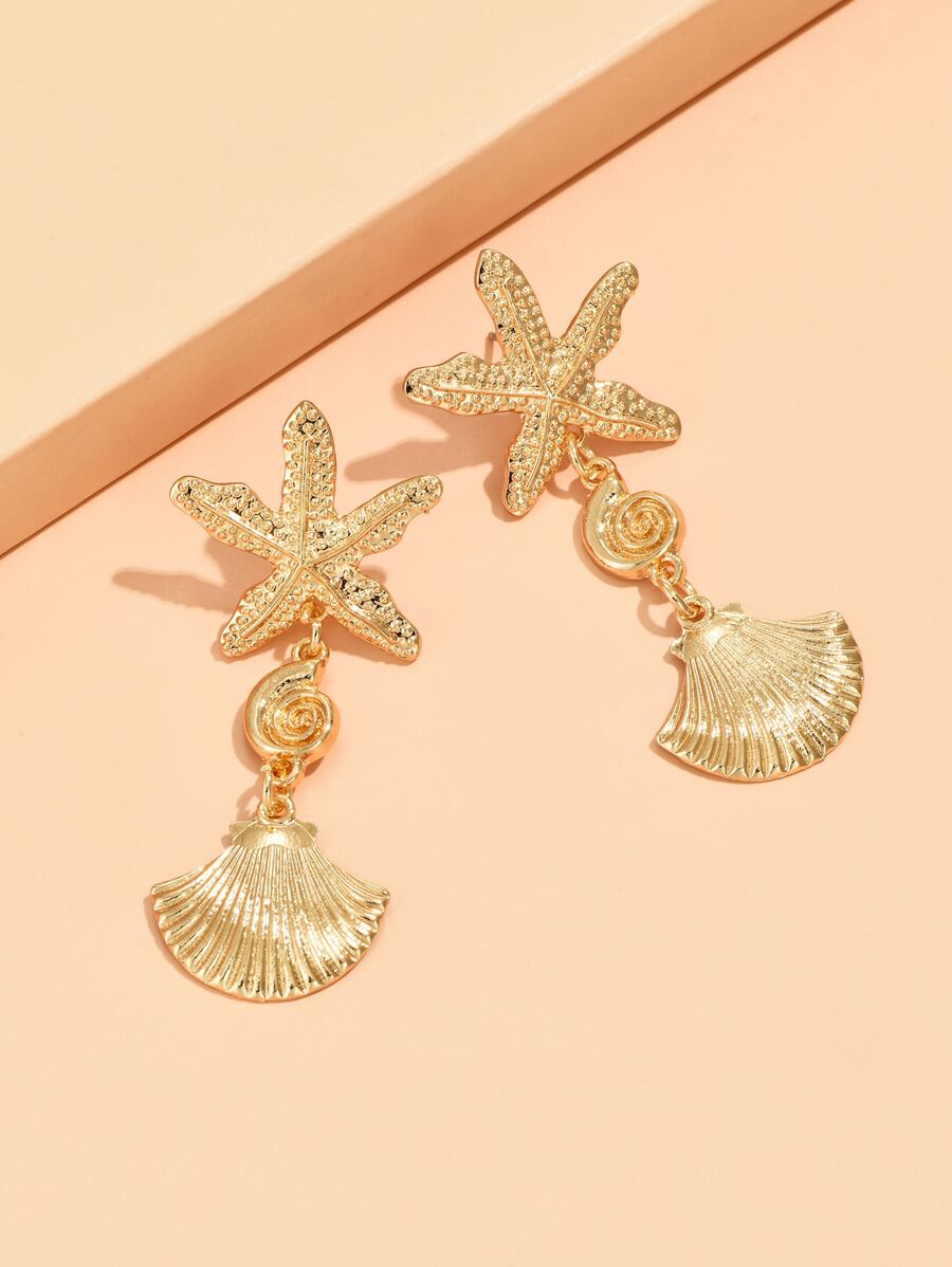 1對時尚鋅合金海星裝飾貝殼耳墜適用於女士日常裝飾 - 金黃色 - 查看 1