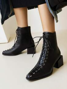 Lace-up Front Chunky Heeled Classic Boots - Black - View 1