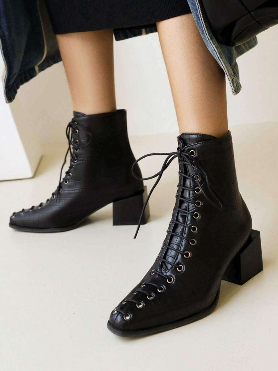 Lace-up Front Chunky Heeled Classic Boots - Black - View 1