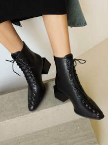 Lace-up Front Chunky Heeled Classic Boots - Black - View 3