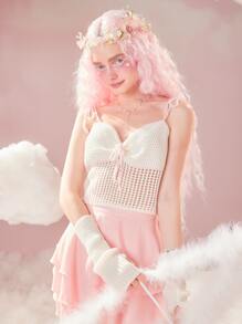 ROMWE Áo dệt kim nữ Thắt nút Tương phản ràng buộc Thắt nơ trước màu trơn Giải trí - Màu be - Xem 1