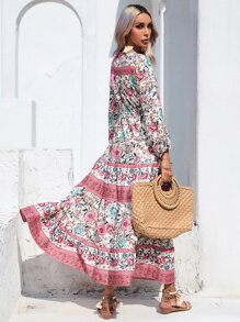 GENKIRA Floral Print Lantern Sleeve Ruffle Hem Dress - Multicolor - View 3
