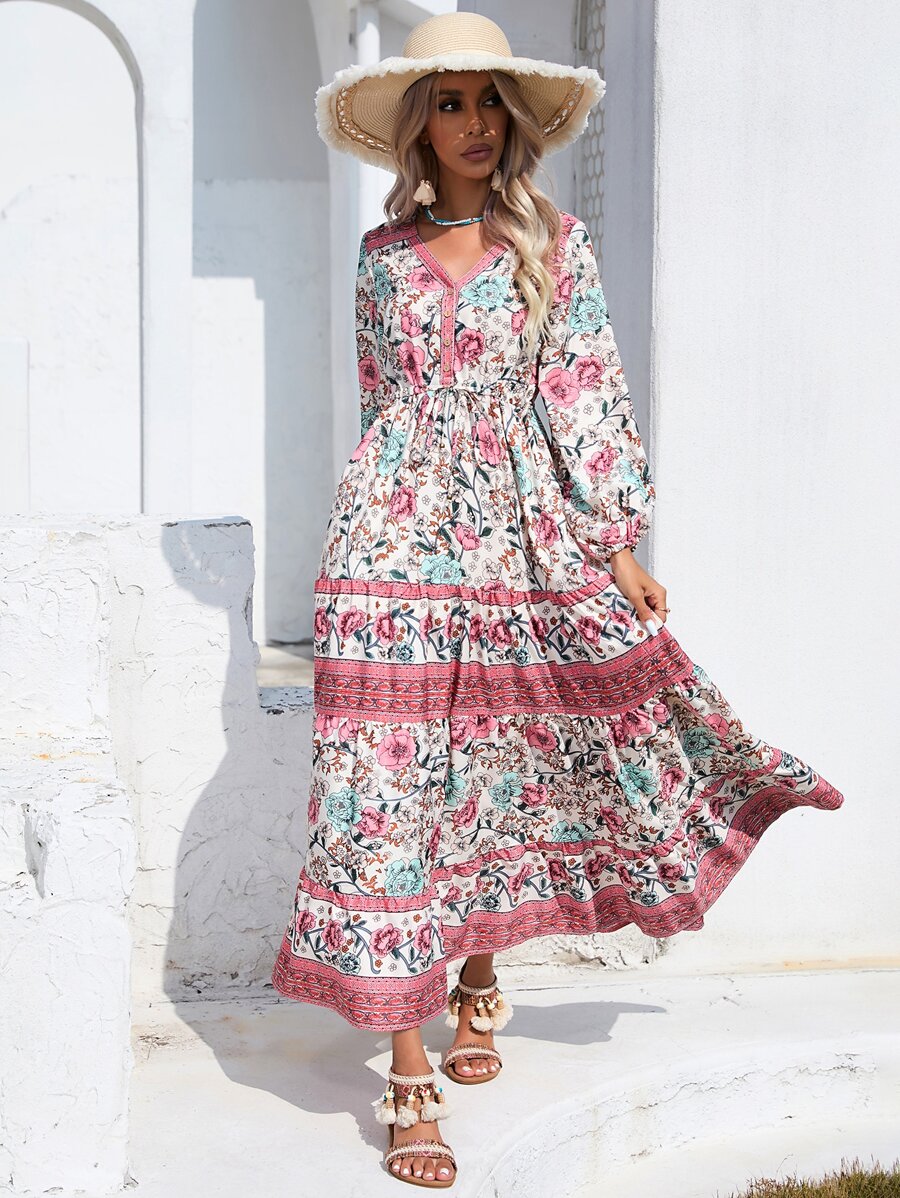GENKIRA Floral Print Lantern Sleeve Ruffle Hem Dress - Multicolor - View 1