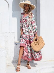 GENKIRA Floral Print Lantern Sleeve Ruffle Hem Dress - Multicolor - View 5